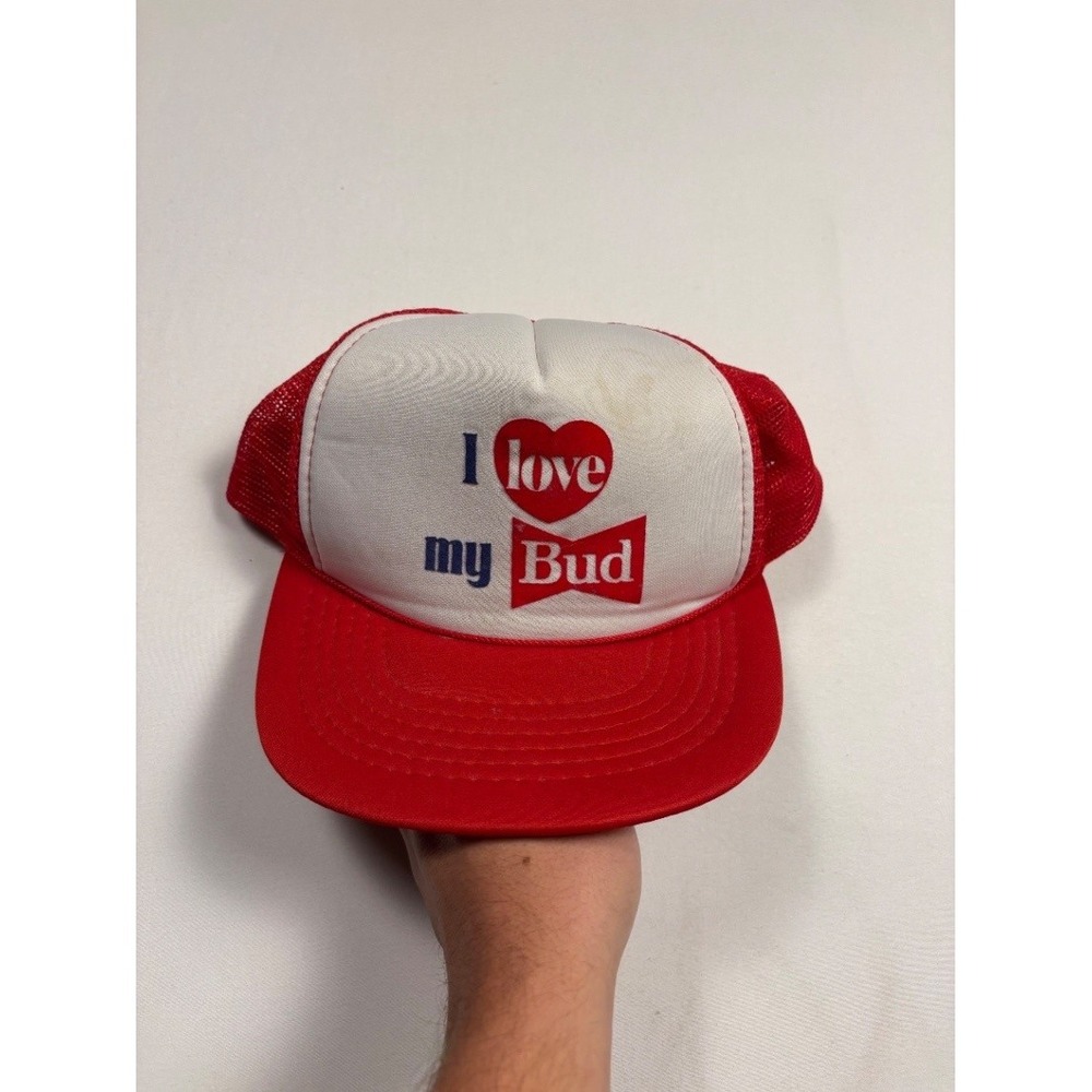 Vintage Budweiser I Love My Bud Trucker Hat Red White Mesh Snapback